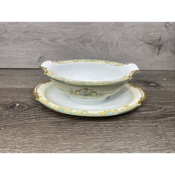 Noritake Arnaud Pattern Teal Blue floral scroll Gravy Boat w/. attached plate 9" - Picture 1 of 11